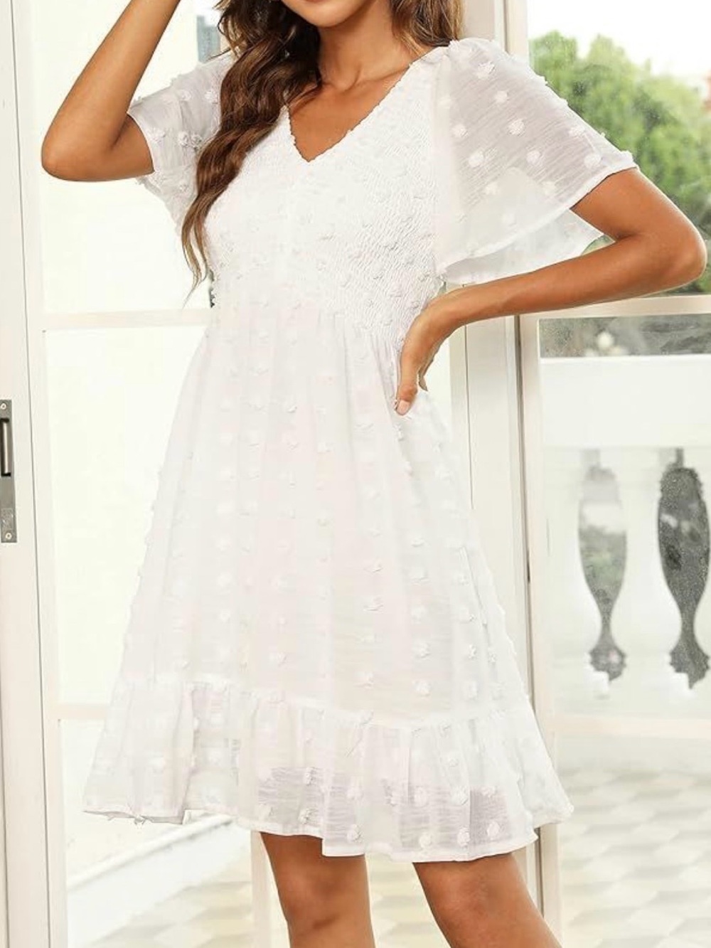White Swiss Dot V-Neck Mini Dress